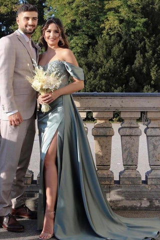 Vestido de fiesta de sirena de satén con hombros descubiertos y abertura, modesto y largo