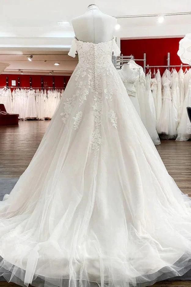 Modest Long Princess Off The Shoulder Tulle Lace Wedding Dress by BIZTUNNEL