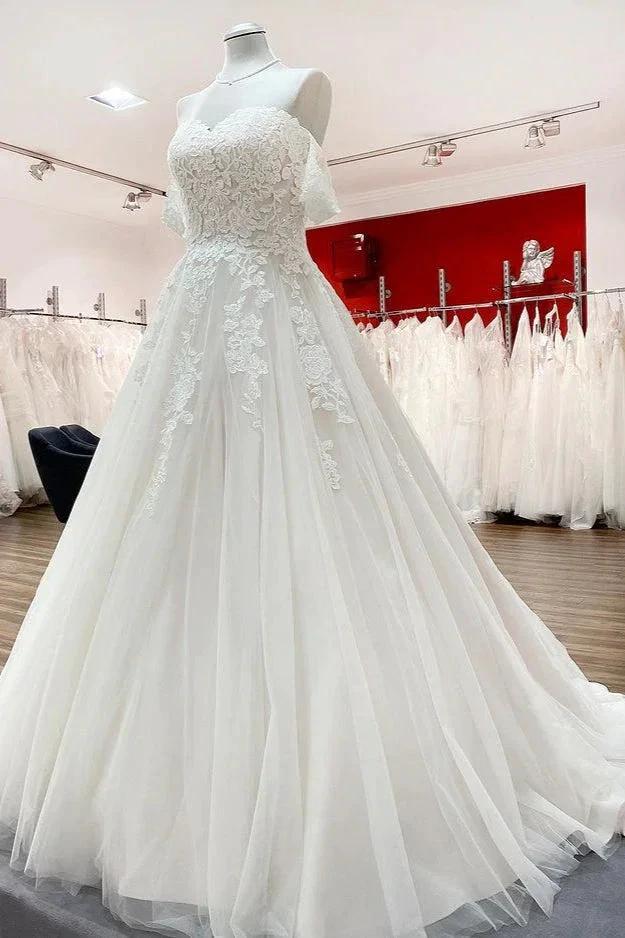 Modest Long Princess Off The Shoulder Tulle Lace Wedding Dress by BIZTUNNEL