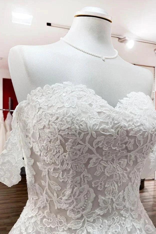 Modest Long Princess Off The Shoulder Tulle Lace Wedding Dress by BIZTUNNEL