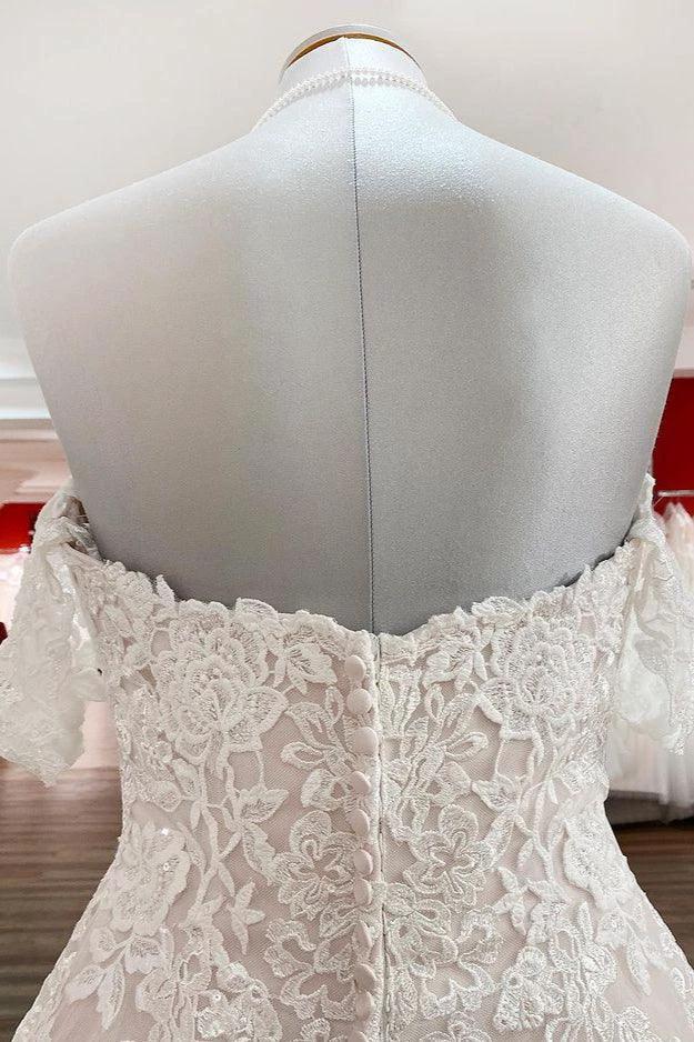 Modest Long Princess Off The Shoulder Tulle Lace Wedding Dress by BIZTUNNEL