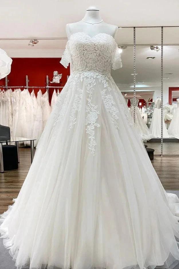Modest Long Princess Off The Shoulder Tulle Lace Wedding Dress by BIZTUNNEL