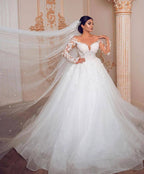 Modest Long Princess Tulle Lace Wedding Dress with Sleeves by BIZTUNNEL