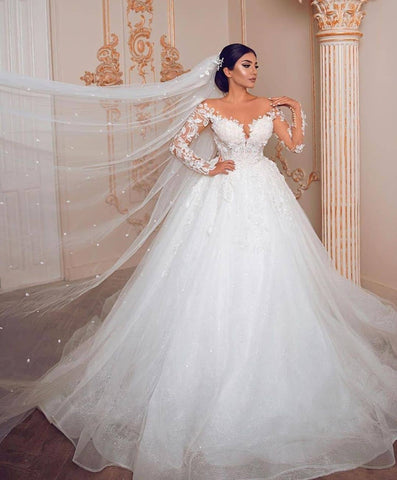 Modest Long Princess Tulle Lace Wedding Dress with Sleeves
