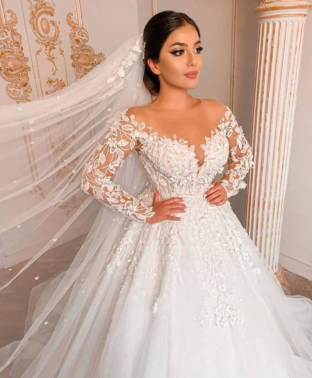 Modest Long Princess Tulle Lace Wedding Dress with Sleeves by BIZTUNNEL