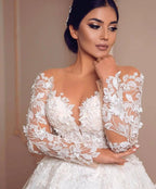 Modest Long Princess Tulle Lace Wedding Dress with Sleeves by BIZTUNNEL