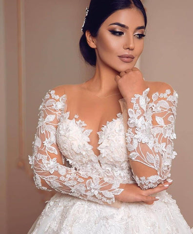 Modest Long Princess Tulle Lace Wedding Dress with Sleeves