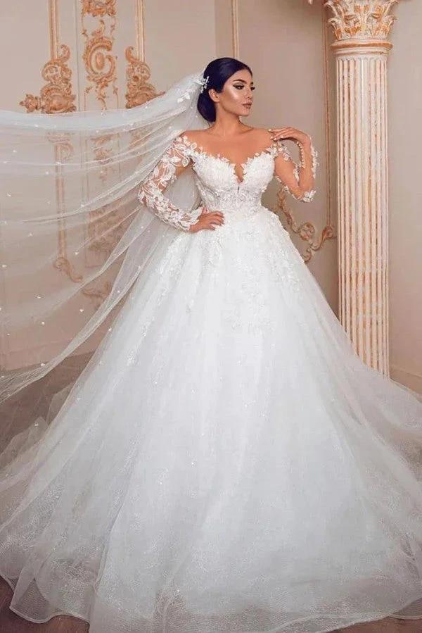 Modest Long Princess Tulle Lace Wedding Dress with Sleeves by BIZTUNNEL