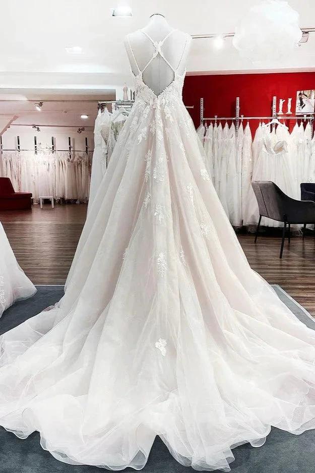 Modest Long Princess V-neck Tulle Spaghetti Straps Wedding Dress with Lace by BIZTUNNEL