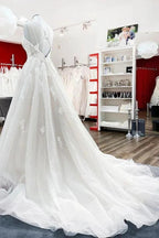 Modest Long Princess V-neck Tulle Spaghetti Straps Wedding Dress with Lace by BIZTUNNEL