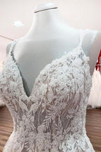 Modest Long Princess V-neck Tulle Spaghetti Straps Wedding Dress with Lace by BIZTUNNEL