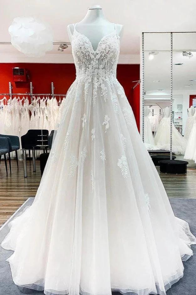 Modest Long Princess V-neck Tulle Spaghetti Straps Wedding Dress with Lace by BIZTUNNEL