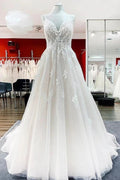 Modest Long Princess V-neck Tulle Spaghetti Straps Wedding Dress with Lace by BIZTUNNEL