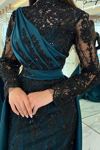 Vestido de fiesta de satén estilo sirena con mangas largas y lentejuelas negras