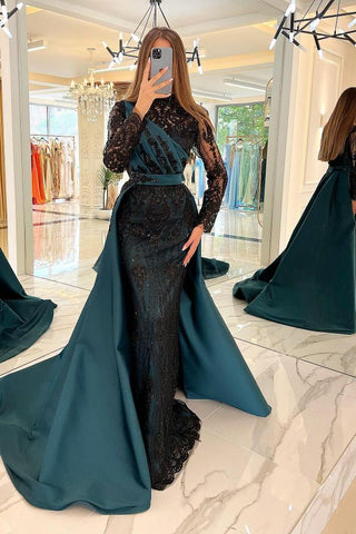 Vestido de fiesta de satén estilo sirena con mangas largas y lentejuelas negras