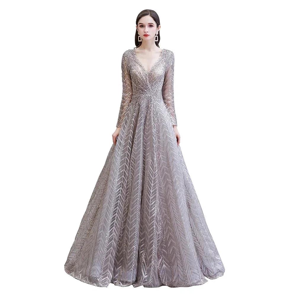 Modest Long Sleeves V-Neck Princess Prom Dress Sequined Aline Party Gown by misshow.com