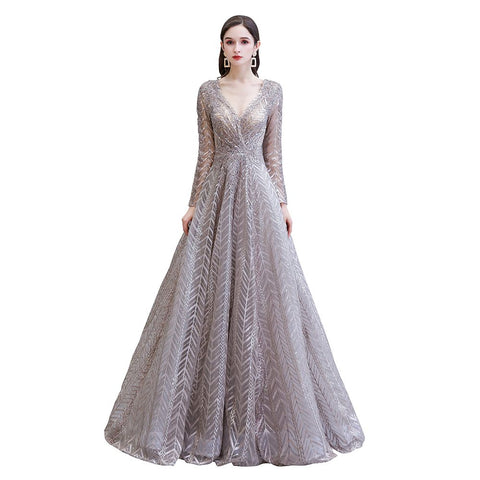 Modest Long Sleeves V-Neck Princess Prom Dress Sequined Aline Party Gown