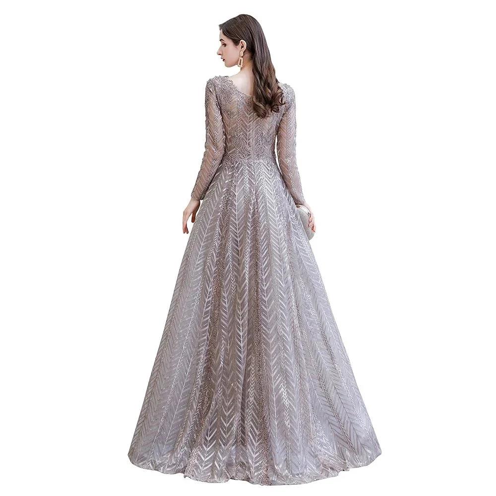 Modest Long Sleeves V-Neck Princess Prom Dress Sequined Aline Party Gown by misshow.com