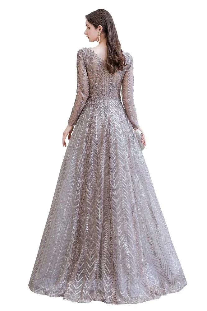Modest Long Sleeves V-Neck Princess Prom Dress Sequined Aline Party Gown by misshow.com
