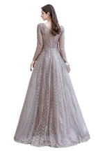Modest Long Sleeves V-Neck Princess Prom Dress Sequined Aline Party Gown by misshow.com
