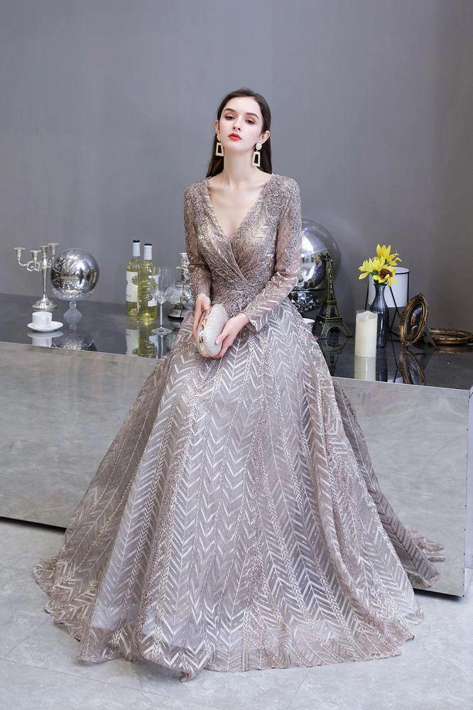 Modest Long Sleeves V-Neck Princess Prom Dress Sequined Aline Party Gown by misshow.com