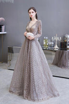 Modest Long Sleeves V-Neck Princess Prom Dress Sequined Aline Party Gown by misshow.com