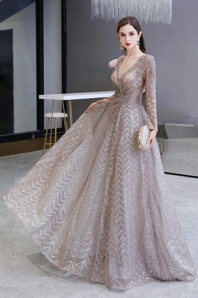 Modest Long Sleeves V-Neck Princess Prom Dress Sequined Aline Party Gown by misshow.com