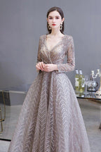 Modest Long Sleeves V-Neck Princess Prom Dress Sequined Aline Party Gown by misshow.com