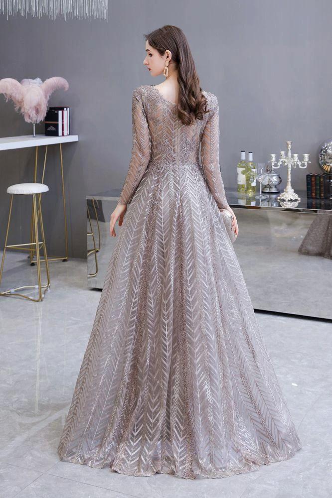 Modest Long Sleeves V-Neck Princess Prom Dress Sequined Aline Party Gown by misshow.com