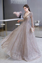 Modest Long Sleeves V-Neck Princess Prom Dress Sequined Aline Party Gown by misshow.com