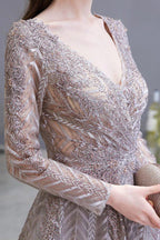 Modest Long Sleeves V-Neck Princess Prom Dress Sequined Aline Party Gown by misshow.com