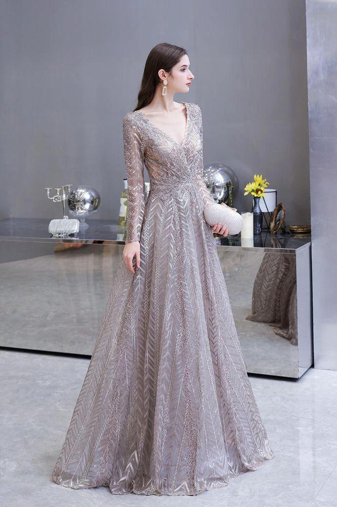 Modest Long Sleeves V-Neck Princess Prom Dress Sequined Aline Party Gown by misshow.com