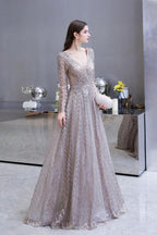 Modest Long Sleeves V-Neck Princess Prom Dress Sequined Aline Party Gown by misshow.com