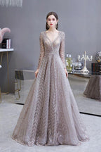 Modest Long Sleeves V-Neck Princess Prom Dress Sequined Aline Party Gown by misshow.com