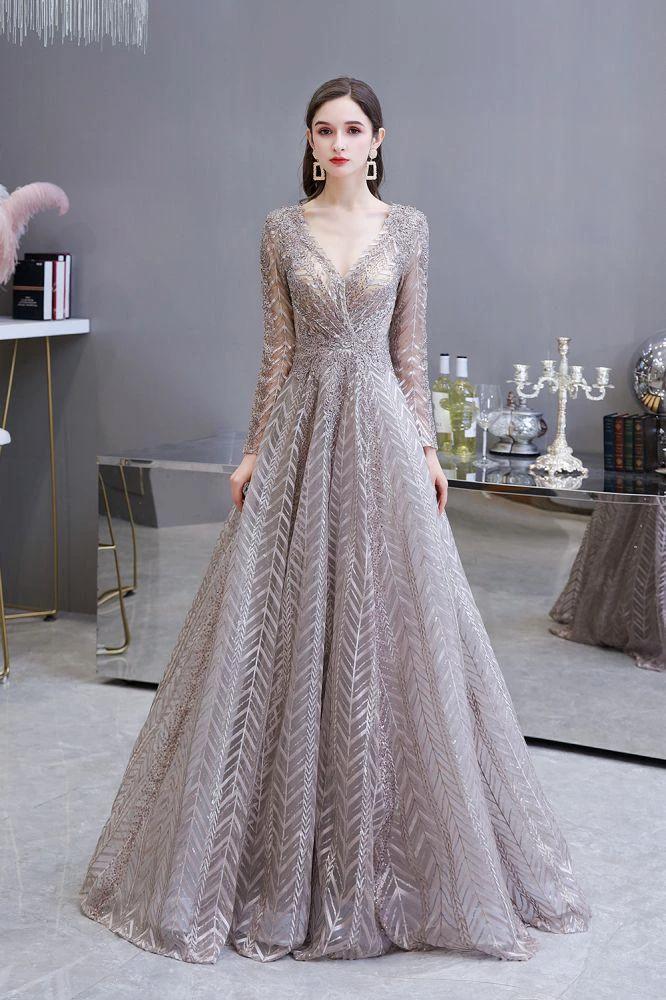 Modest Long Sleeves V-Neck Princess Prom Dress Sequined Aline Party Gown by misshow.com