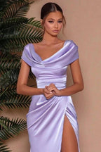 Modest Long Stretch Satin Mermaid Prom Dress with Slit by BIZTUNNEL