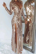 Modest Long V-neck Tulle Column Sequined Prom Dress with Sleeves by BIZTUNNEL