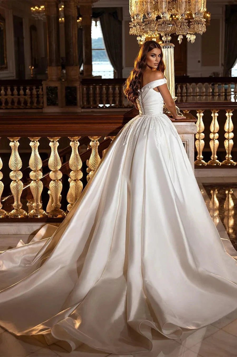 Modest Off-the-Shoulder Satin Wedding Dress with Detachable Sweep Train by misshow.com