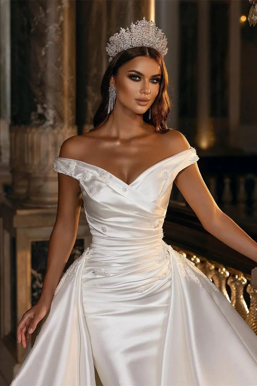 Modest Off-the-Shoulder Satin Wedding Dress with Detachable Sweep Train by misshow.com