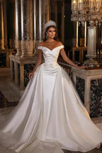 Modest Off-the-Shoulder Satin Wedding Dress with Detachable Sweep Train by misshow.com