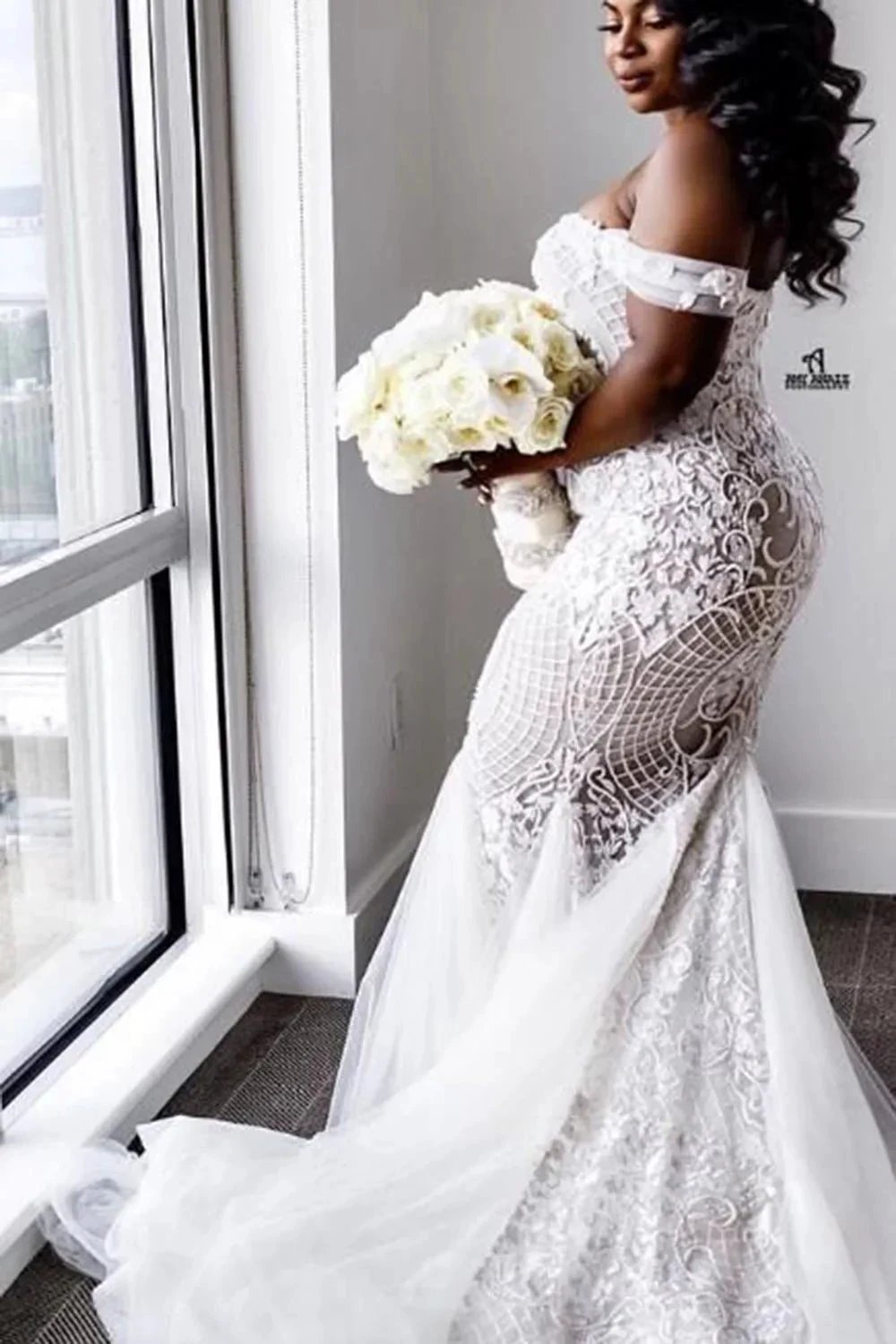 Modest Plus Size Long Mermaid Off-the-Shoulder Lace Wedding Dresses by BIZTUNNEL