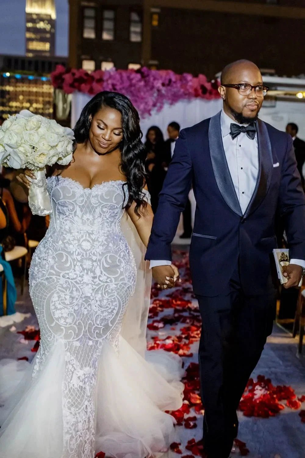 Modest Plus Size Long Mermaid Off-the-Shoulder Lace Wedding Dresses by BIZTUNNEL