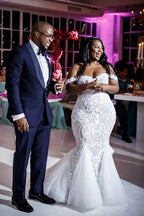 Modest Plus Size Long Mermaid Off-the-Shoulder Lace Wedding Dresses by BIZTUNNEL