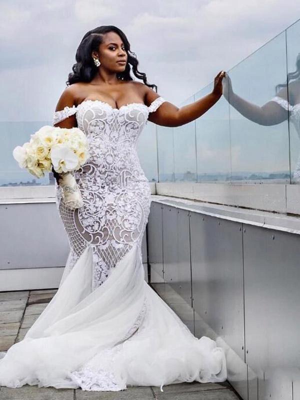 Modest Plus Size Long Mermaid Off-the-Shoulder Lace Wedding Dresses by BIZTUNNEL