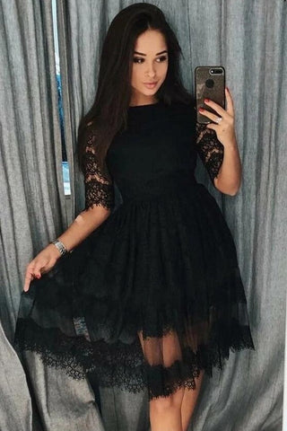Modest Short A-line Lace Black Prom Dresses with Sleeves