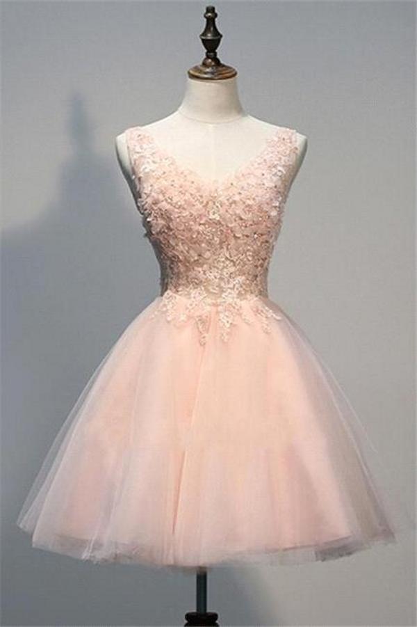 Modest Short A-line V-neck Tulle Pink Prom Dress Hover Image