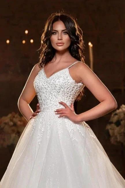 Modest Spaghetti Strap Sleevesless A-Line Floor-Length Tulle Wedding Dresses with Applique by misshow.com