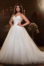 Modest Spaghetti Strap Sleevesless A-Line Floor-Length Tulle Wedding Dresses with Applique by misshow.com