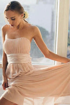 Modest Strapless Ruched Bridesmaid Dress Chiffon Formal Dresses BD074 by pgmdress
