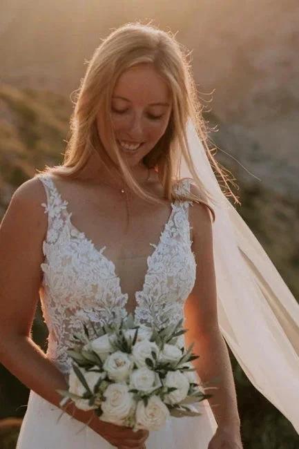 Modest Straps Sleeveless Column Floor-Length Tulle Wedding Dresses with Appliques by misshow.com